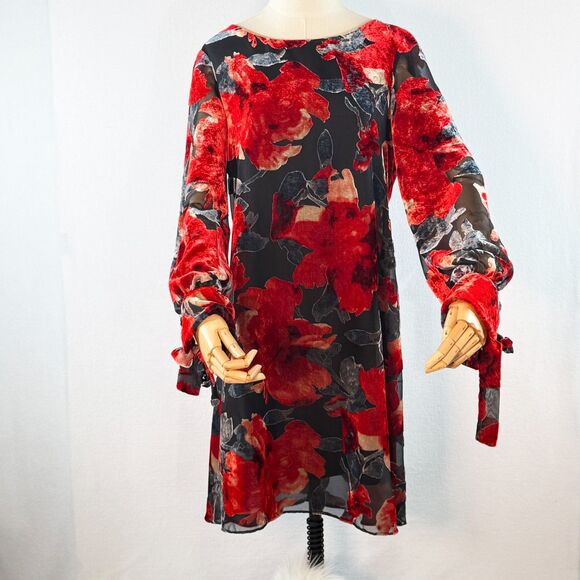 Neiman Marcus | Flocked Velvet Red and Cream and Black Dress | Sz 12 - Picture 1 of 14